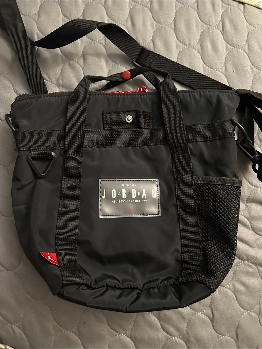 Jordan Black Nylon Messenger Tote with Red Accent